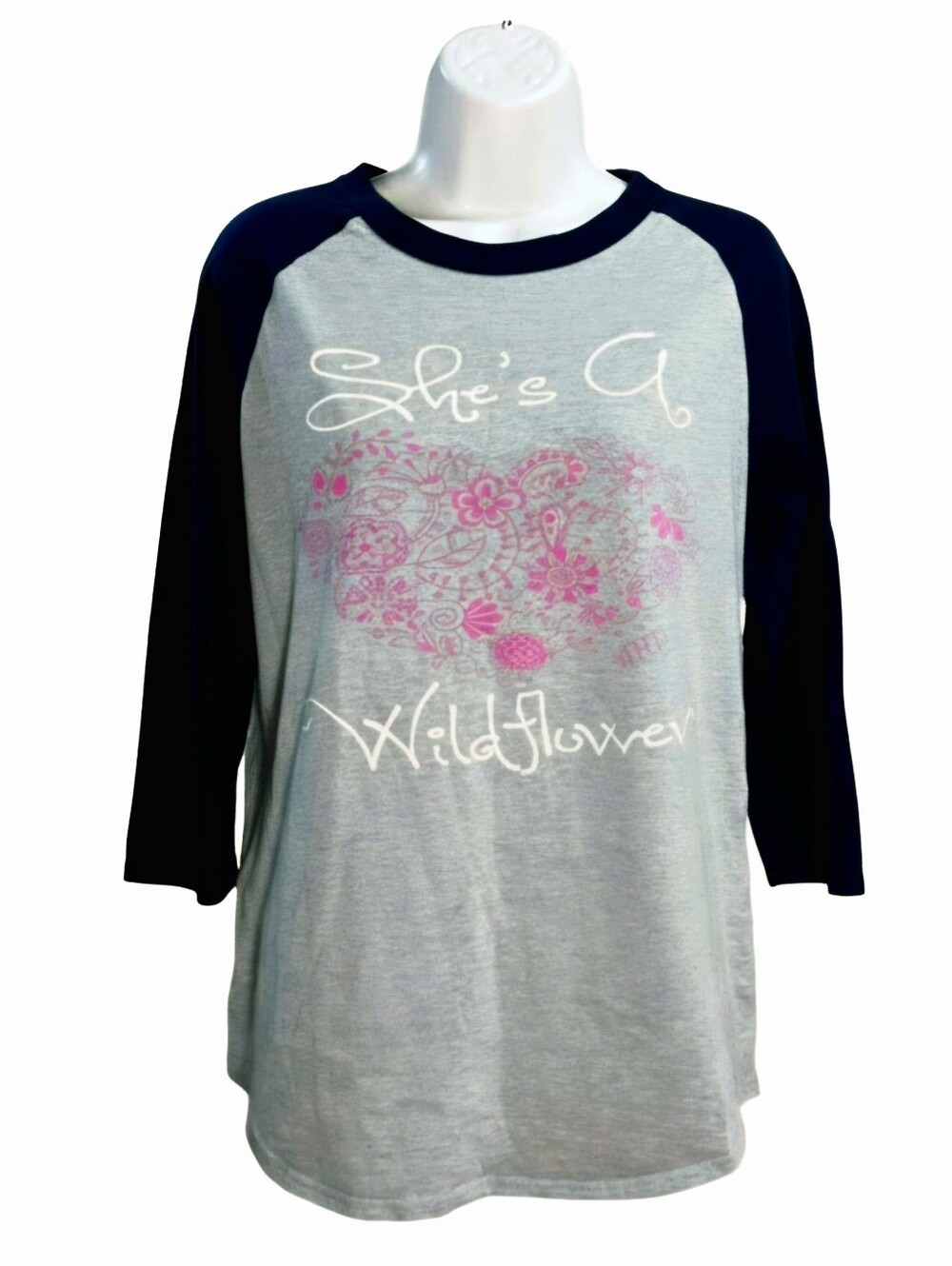 Sport-Tek Navy Gray Shes A Wildflower Raglan Baseball Sleeve Graphic Tee Top S